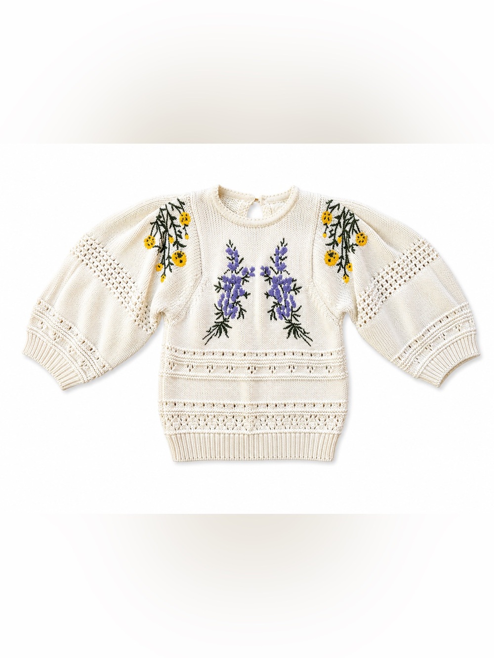 Cream Crewneck Sweater with Purple and Yellow Floral Embroidery